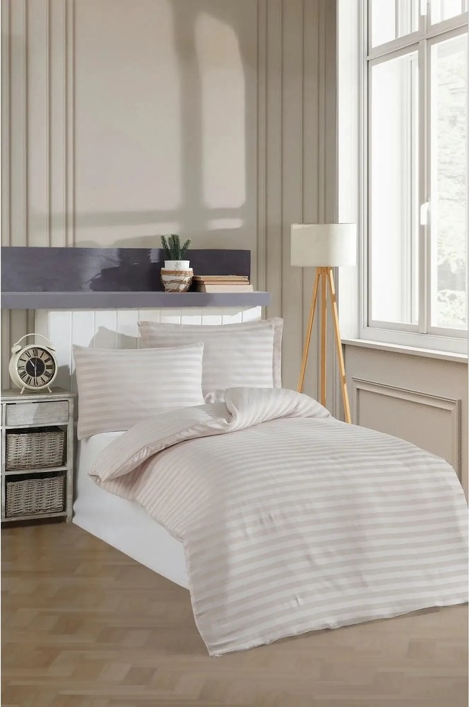 Set lenjerie pat 162ELR1696, bumbac/poliester, bej/alb, 140x200 cm, cu