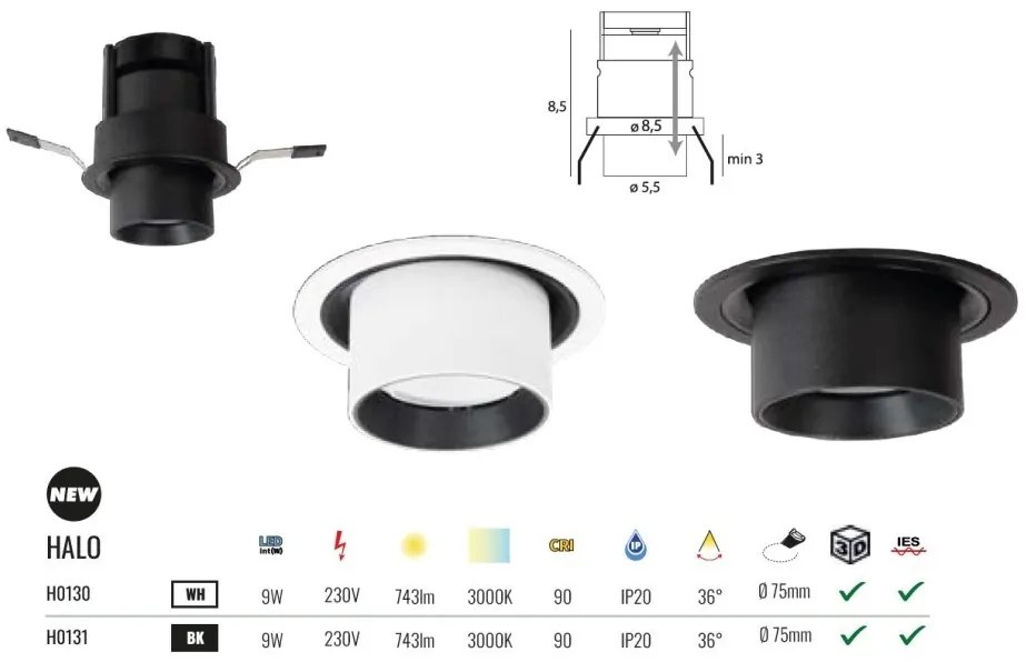 Spot LED incastrabil directionabil Halo F alb