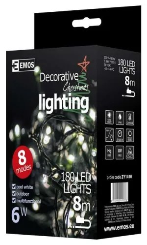 Instalație LED de Crăciun de exterior CHAIN 180xLED/8 funcții 8m IP44 alb rece