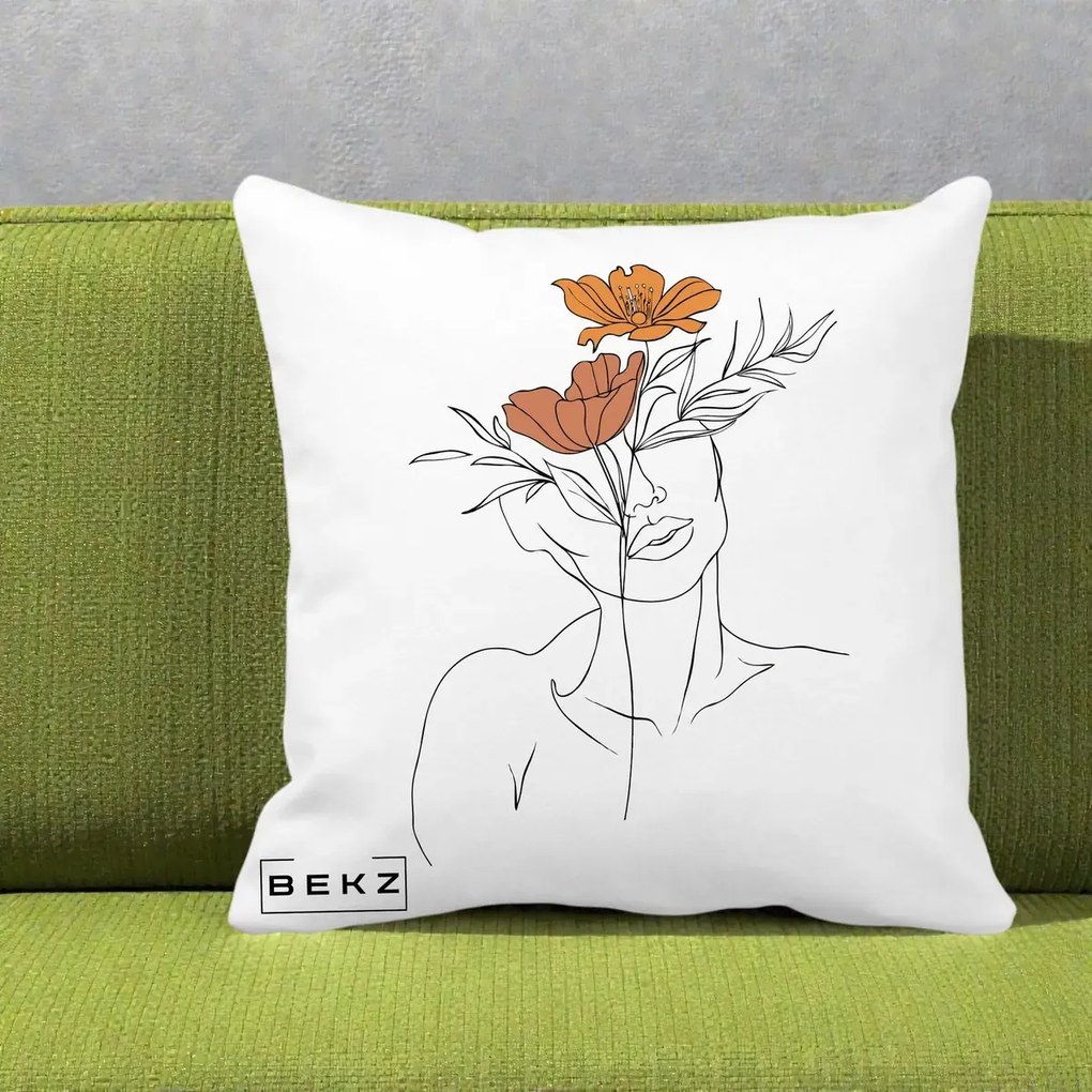 Perna Decorativa Portret Feminin Doua Flori, 40x40 cm, Alba Mata, Husa Detasabila, Perna Inclusa, BEKZ®