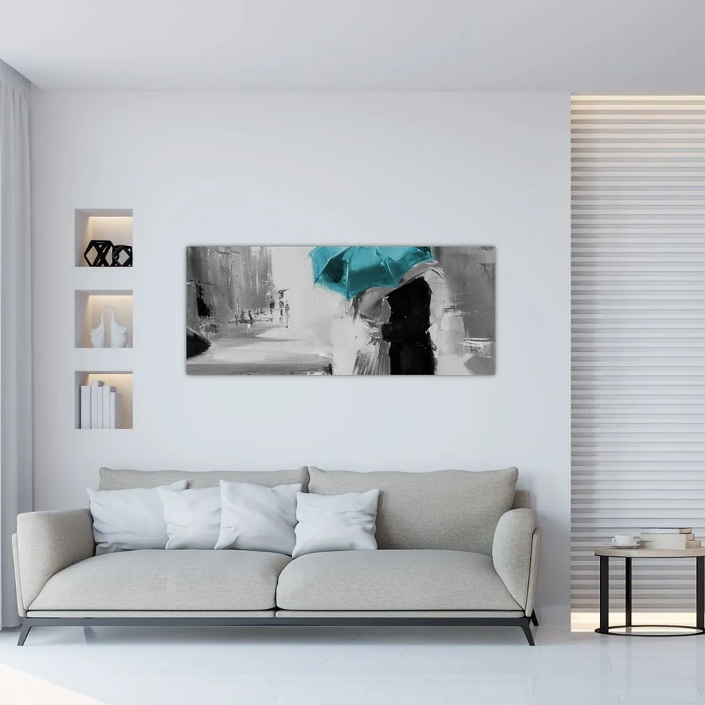 Tablou - Cuplu în dragoste cu umbrelă, albastru (120x50 cm)