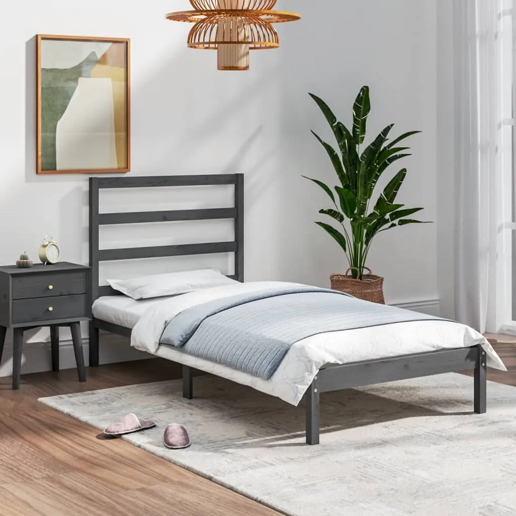 3104900 vidaXL Cadru de pat single, gri, 90x190 cm, lemn masiv