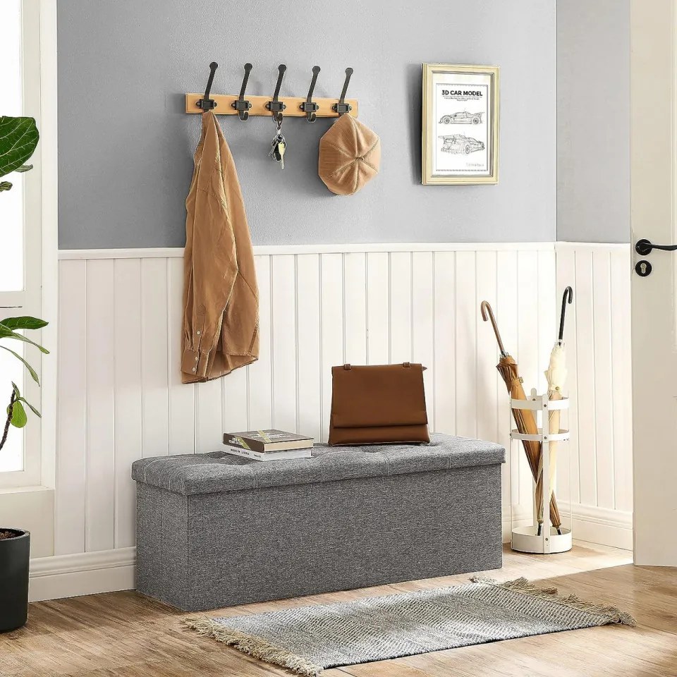 Bancheta versatila cu capac, MDF / textil, gri deschis, Songmics
