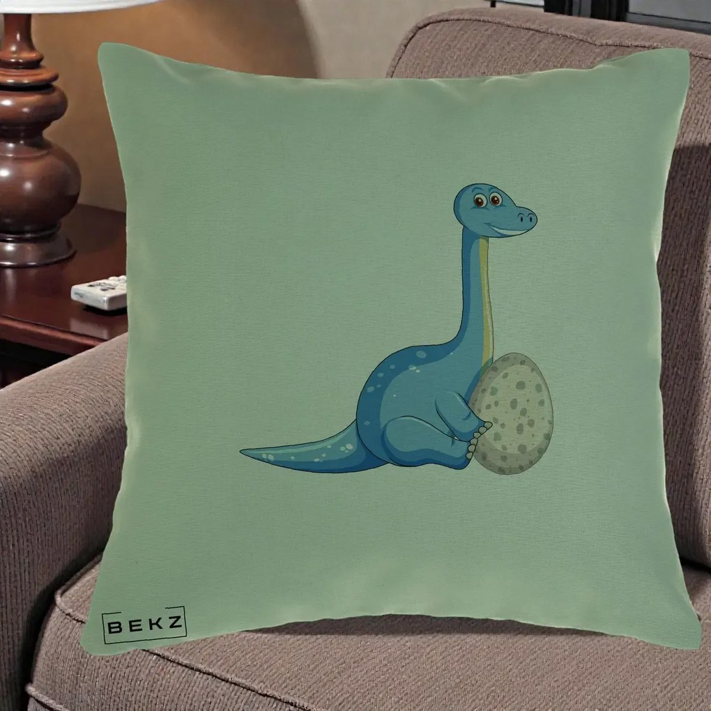 Perna Decorativa Brontosaur cu Ou, 40x40 cm, Verde, Husa Detasabila, Perna Inclusa, BEKZ®