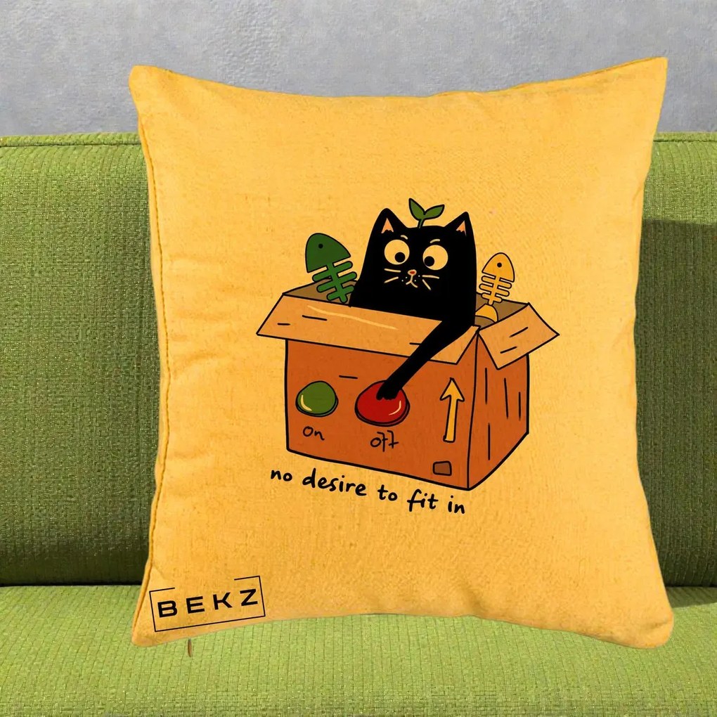 Perna Decorativa Pisica in Cutie No Desire to Fit In, 40x40 cm, Galben, Husa Detasabila, Perna Inclusa, BEKZ®