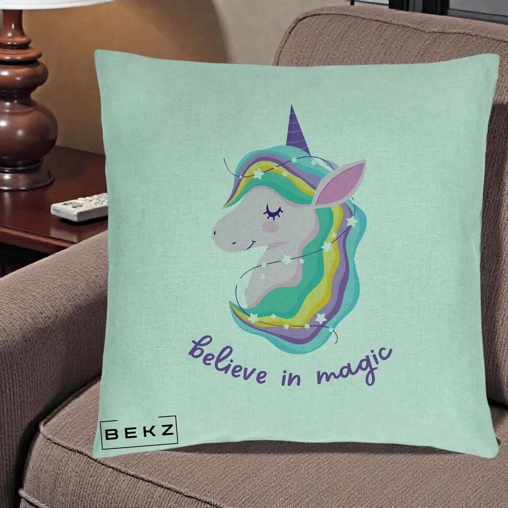 Perna Decorativa Unicorn Believe in Magic, 40x40 cm, Verde Menta, Husa Detasabila, Perna Inclusa, BEKZ®