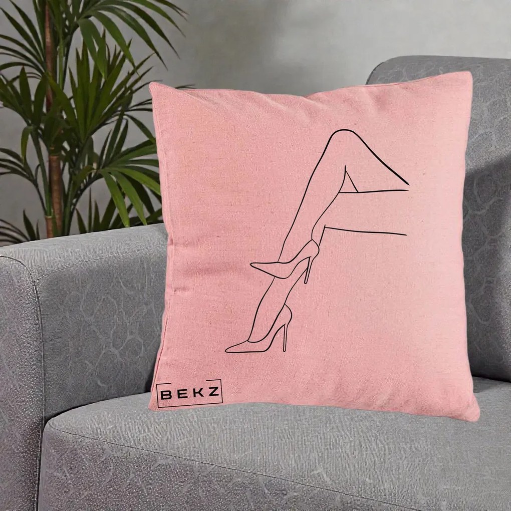 Perna Decorativa Picioare cu Tocuri Line Art, 40x40 cm, Roz, Husa Detasabila, Perna Inclusa, BEKZ®