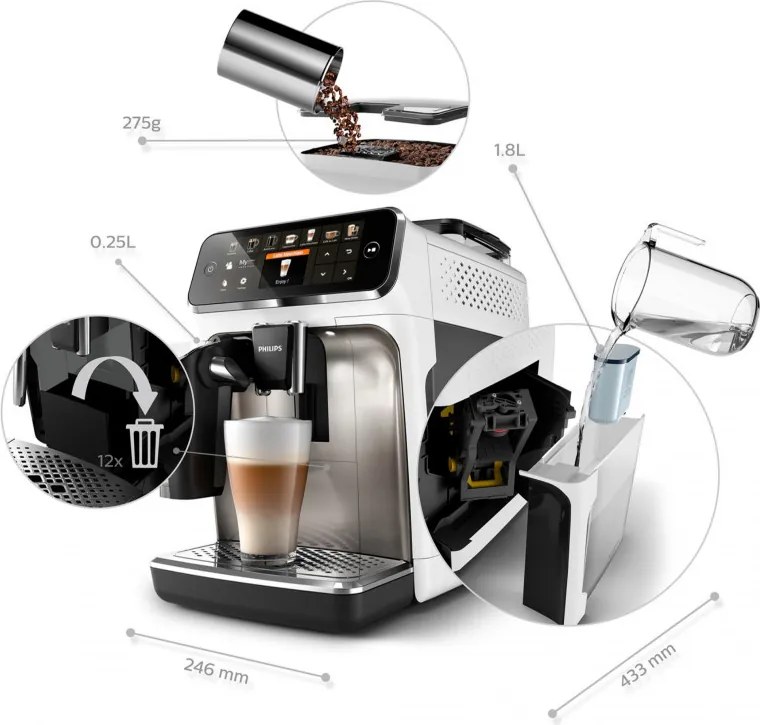 Espressor automat Philips LatteGo 5500 EP5543/90, 1500 W, 15 bar, 1,8 l, 20 bauturi, LatteGo, SilentBrew, QuickStart, Rasnita ceramica, Ecran tactil, Alb cromat