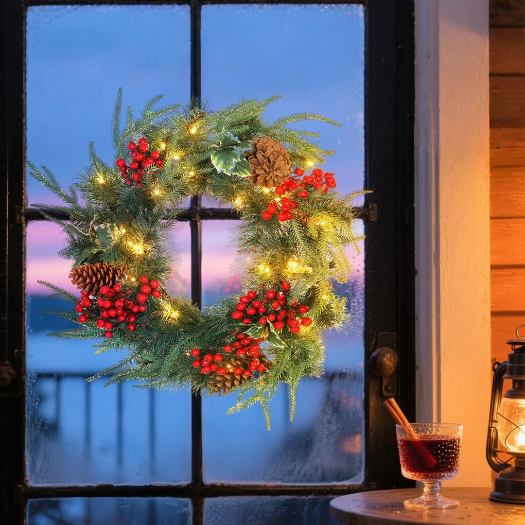 HOMCOM Ghirlandă de Crăciun de 60 cm cu Lumini LED Albe, Coroană de Crăciun cu Temporizator, 170 de Ramuri, Conuri de Pin, Boabe și Vâsc, Decor de Crăciun pentru Ușă și Fereastră, Verde | Aosom Romania
