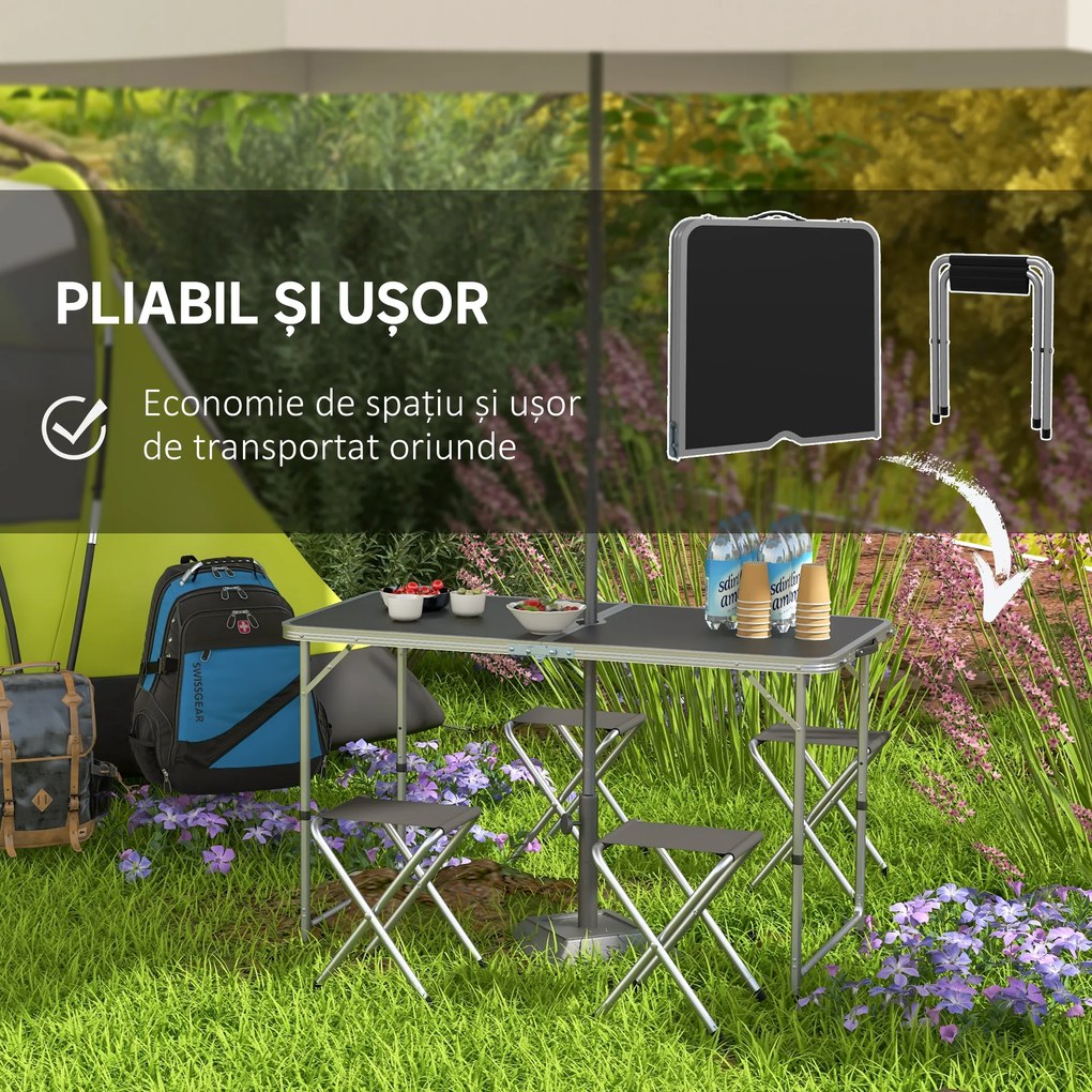 Outsunny Set Masă de Camping Pliabilă cu 4 Scaune, Masă de Picnic Reglabilă pe Înălțime, 4 Bănci și Orificiu pentru Umbrelă, din Aluminiu, pentru Picnic, Mare, Grădină, Negru | Aosom Romania