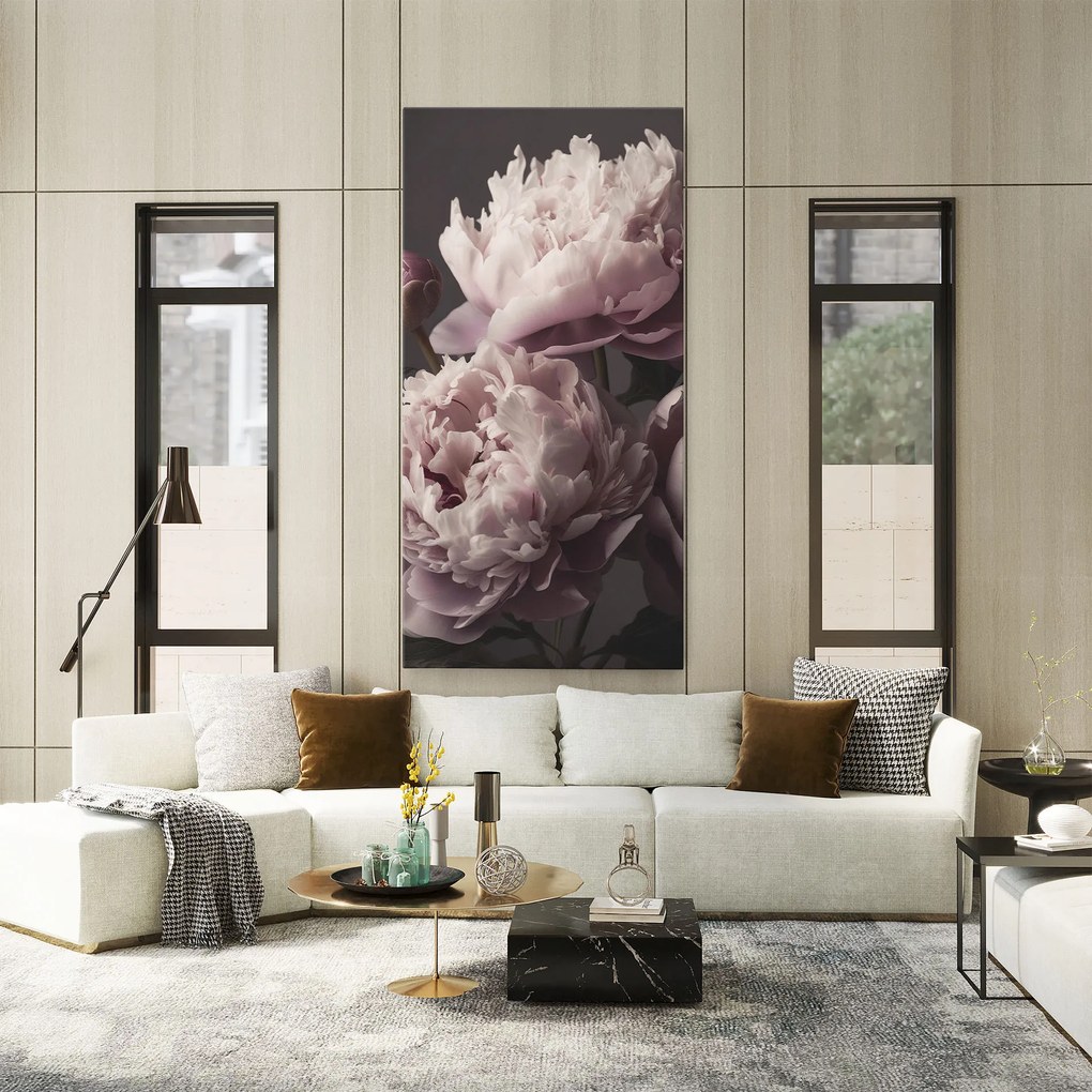 Tablou Canvas, 80x160cm, Dormitor si Living, Flori, Bujori, Grey Pastel Pink Peony