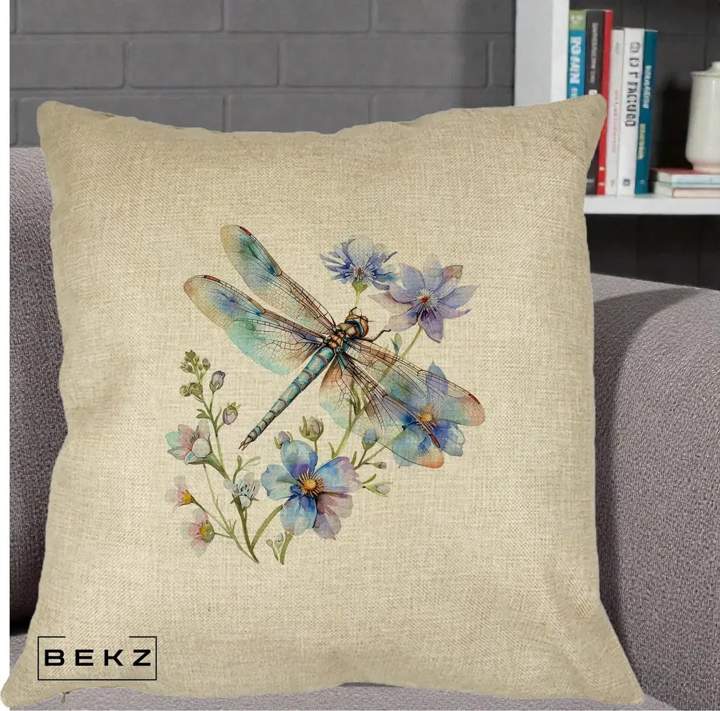 Perna Decorativa Libelula Acuarela Flori Albastre, 40x40 cm, Crem, Husa Detasabila, Perna Inclusa, BEKZ®