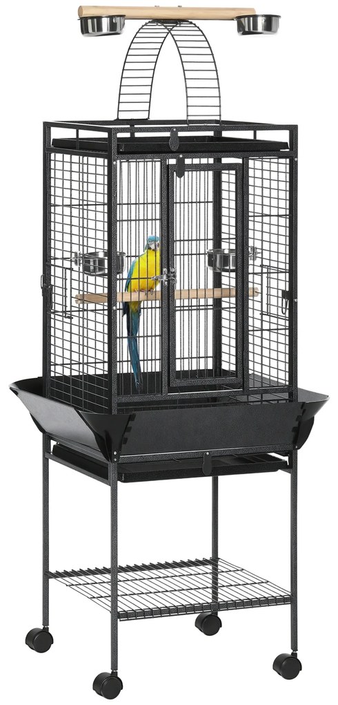 PawHut Colivie pentru Perusi cu 2 Stinghii de Lemn si Scara Acuita, Cusca pentru Pasari din Otel cu Intrari Multiple, 62.5x62.5x156 cm, Gri