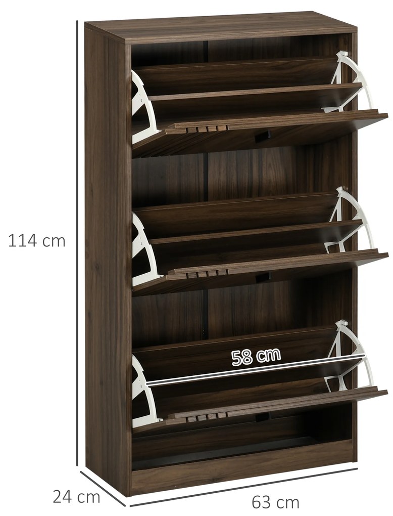 HOMCOM Dulap pentru Pantofi, Organizator de Pantofi cu 3 Sertare si Rafturi Reglabile pentru 18 Perechi, 63x24x114 cm, Nuc | Aosom Romania