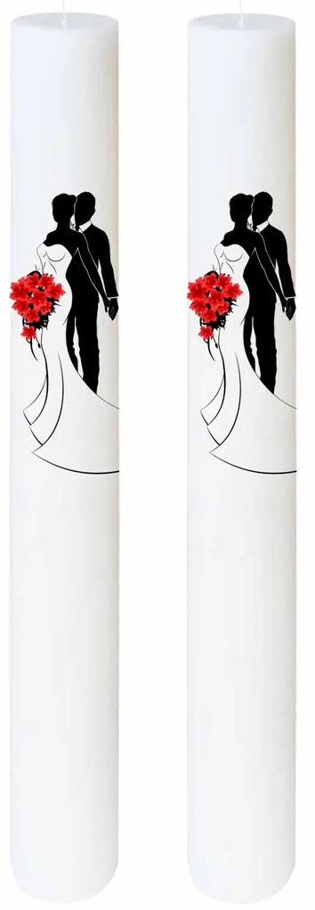 Set 2 Lumanari Nunta Mire si Mireasa cu buchet rosu 4,5 cm, 70 cm