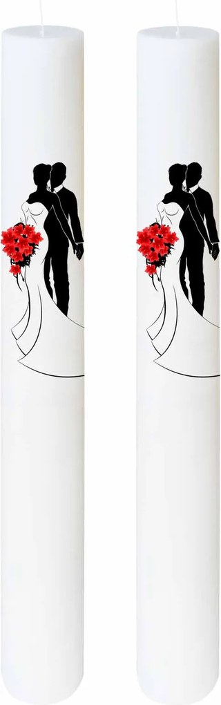 Set 2 Lumanari Nunta Mire si Mireasa cu buchet rosu 5,5 cm, 50 cm