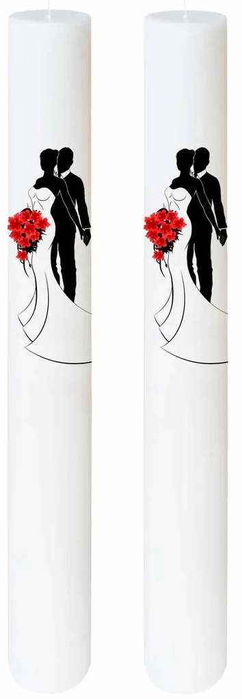 Set 2 Lumanari Nunta Mire si Mireasa cu buchet rosu 5,5 cm, 50 cm