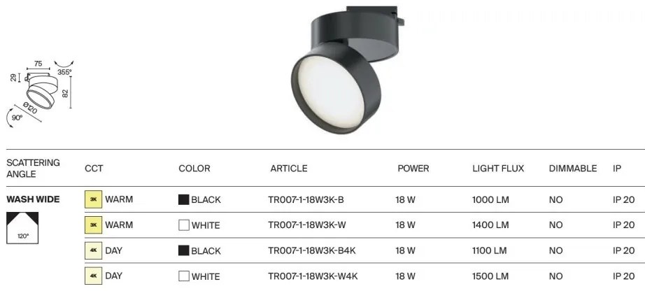 Spot LED, accesoriu pentru sinele monofazate Unity, Onda negru 18W 4000K