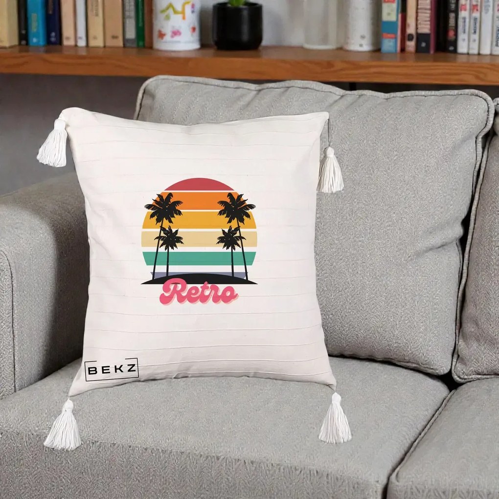 Perna Decorativa Retro Sunset Palmieri, 40x40 cm, Bej cu Franjuri, Husa Detasabila, Perna Inclusa, BEKZ®