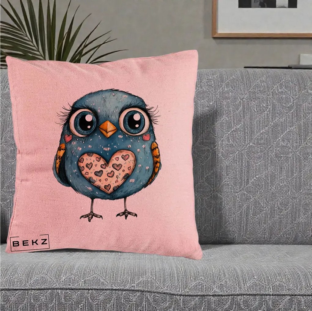 Perna Decorativa Bufnita Albastra cu Inimioare, 40x40 cm, Roz, Husa Detasabila, Perna Inclusa, BEKZ®