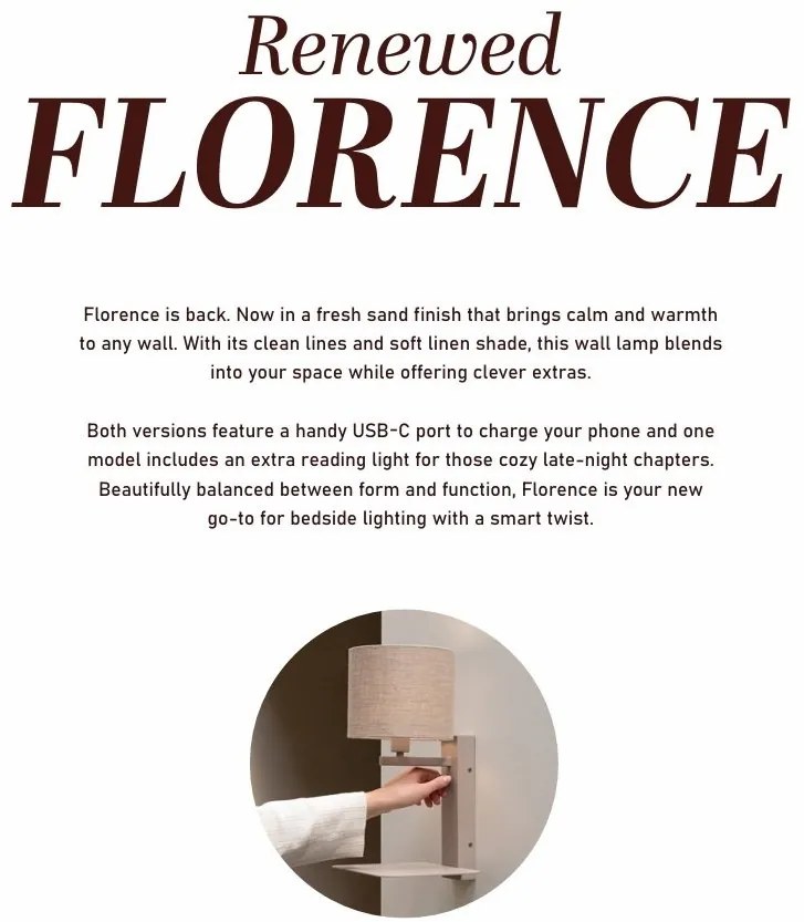 Aplica cu raft, port USB si abajur textil in deschis Florence