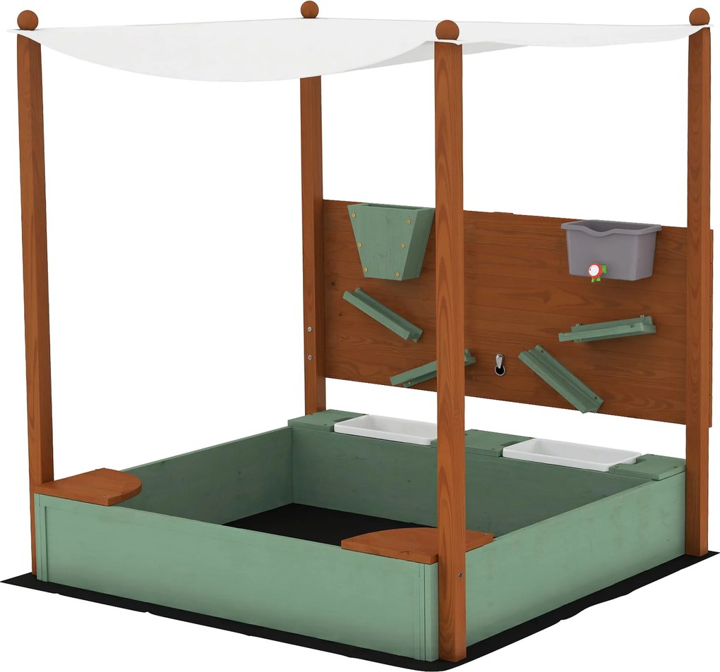 AIYAPLAY Cutie de nisip din lemn pentru copii cu acoperiş cutie pentru copii cu 2 scaune 2 cutii robinet pâlnie 116x112,5x128 cm Verde | Aosom Romania