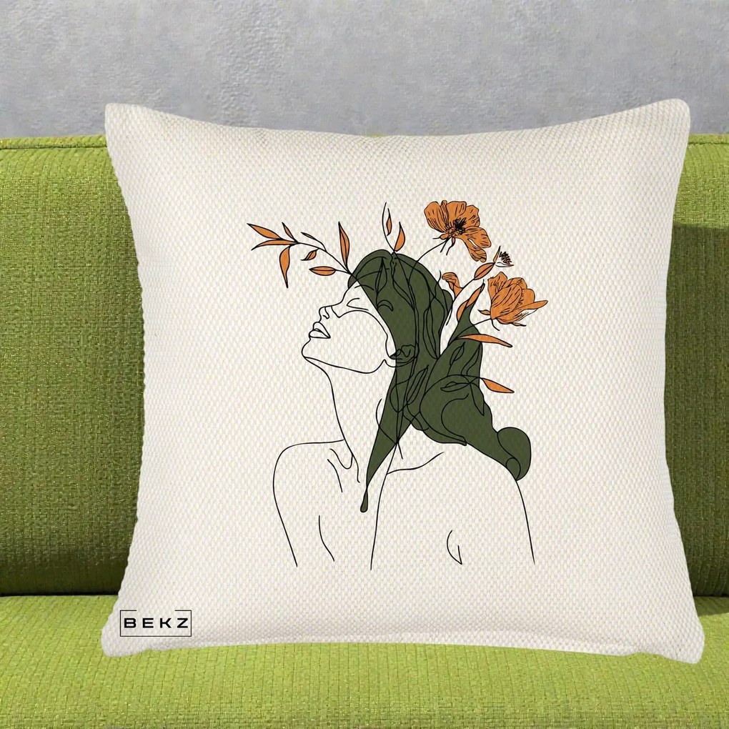 Perna Decorativa Portret Feminin Profil Flori Portocalii, 40x40 cm, Crem Reliefat, Husa Detasabila, Perna Inclusa, BEKZ®