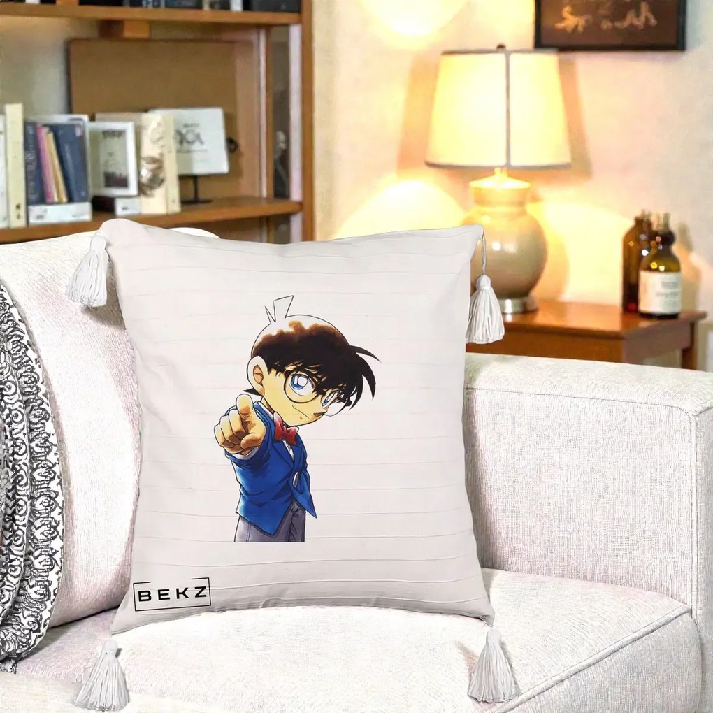 Perna Personalizata Detective Conan Conan Arata, 40x40 cm, Bej cu Franjuri, Husa Detasabila, Perna Inclusa, BEKZ®