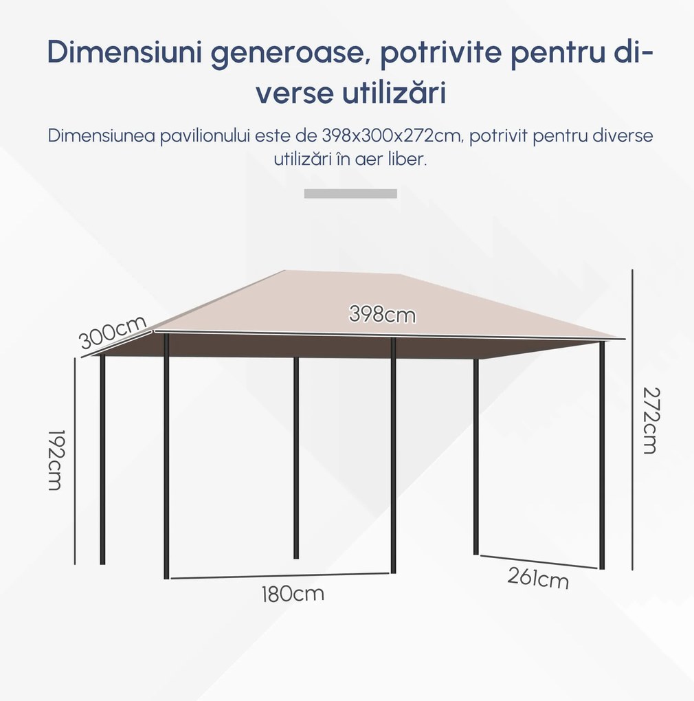 Outsunny Foisor de Gradina cu Prelata in Poliester 6 Pereti Detasabili 12 Paleti Schelet in Metal Bej 400 x 300 x 264 cm | Aosom Romania
