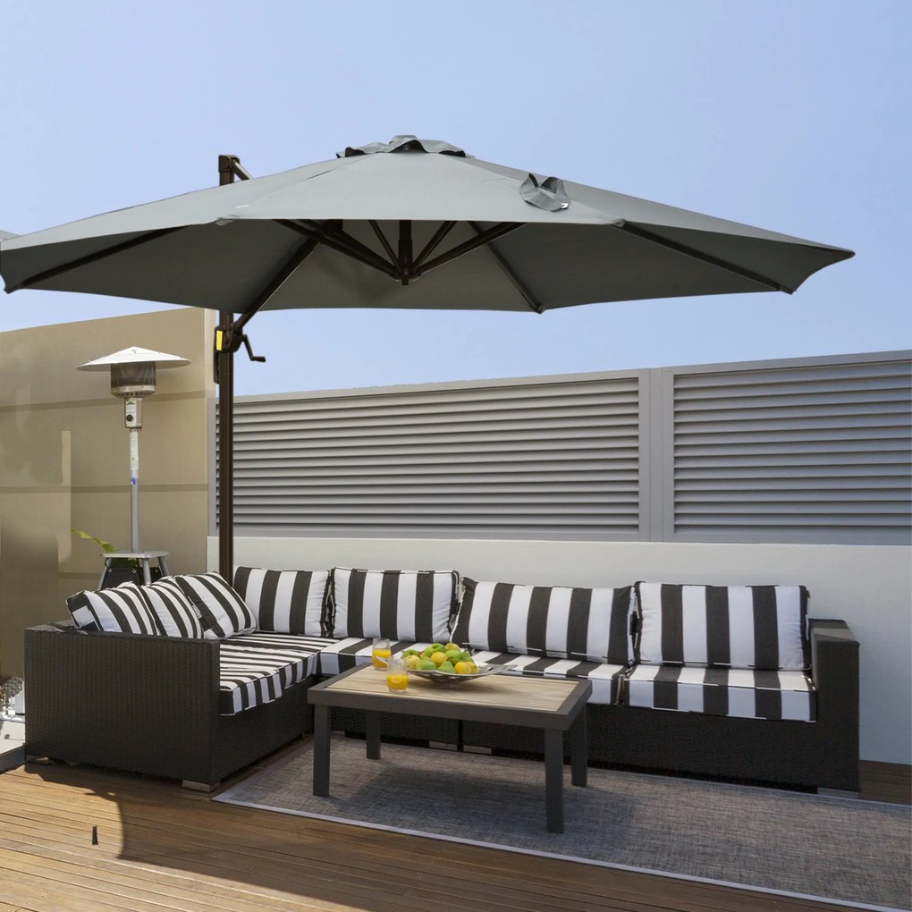 Outsunny Umbrel de Gradină cu Manivelă cu Înclinare Reglabilă, Umbrelă cu Braț și Stinghii, Ø2.95x2.5 m, Gri | Aosom Romania