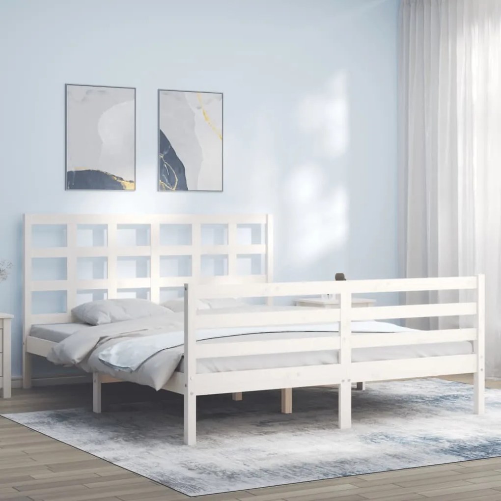 3193997 vidaXL Cadru de pat cu tăblie, alb, 160x200 cm, lemn masiv