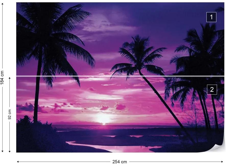 Fototapet GLIX - Beach Tropical Sunset Purple Palms + adeziv GRATUIT Tapet nețesute - 254x184 cm