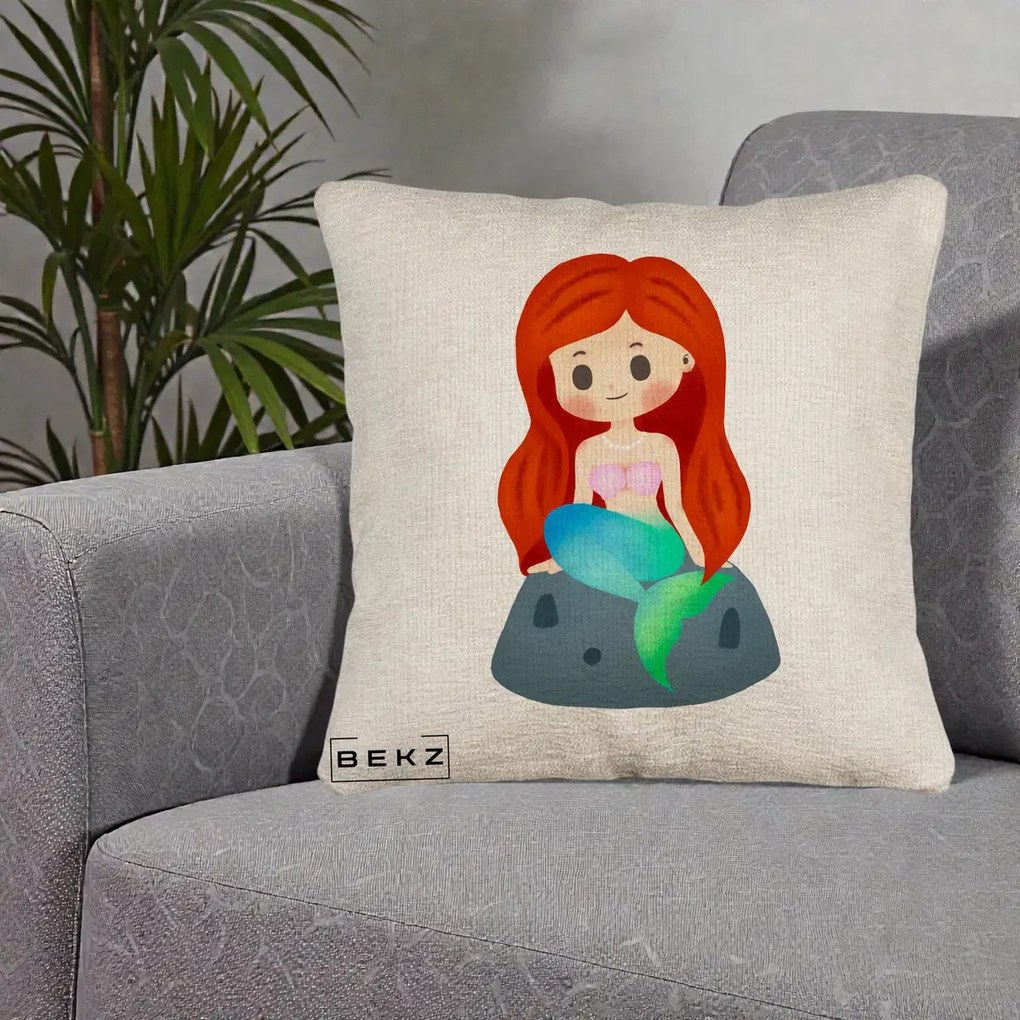 Perna Personalizata Sirena Kawaii Roscat, 40x40 cm, Bej Canapea, Husa Detasabila, Perna Inclusa, BEKZ®