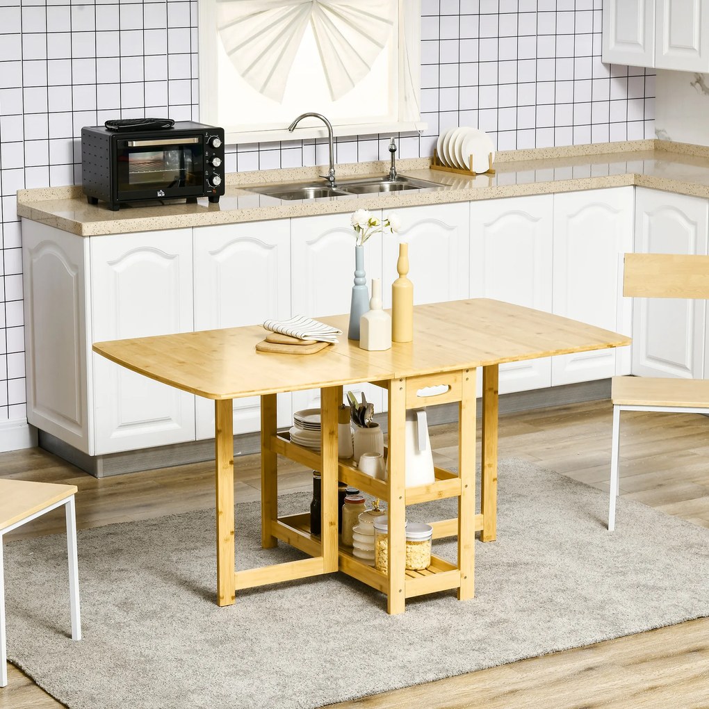 HOMCOM Masă Pliabilă, Masă de Dining, două laturi pliabile, două rafturi, picioare reglabile, bambus, 149,5 x 80 x 73,5 cm | Aosom Romania