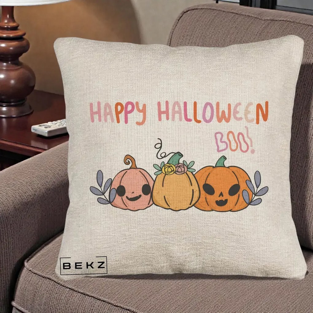 Perna Decorativa Happy Halloween Boo Trei Dovlecei Kawaii, 40x40 cm, Bej Canapea, Husa Detasabila, Perna Inclusa, BEKZ®