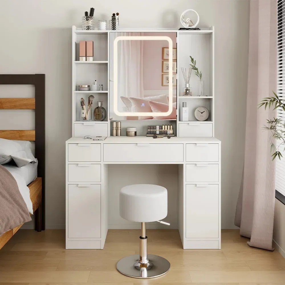 Masuta machiaj cu Oglinda LED si 7 Sertare pentru Cosmetice, Set Masa toaleta 105 cm, Alb, masuta cosmetica, vanity - SEA810