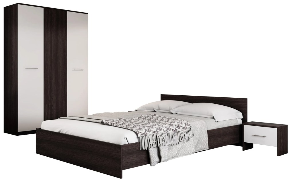 Dormitor Luiza 3U4P, culoare magia (wenge) / alb, cu pat standard 140 x 200 cm, dulap cu 3 usi si 2 noptiere