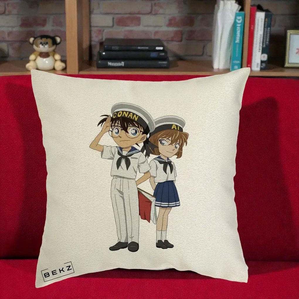 Perna Personalizata Detective Conan Conan si Ai Sailor, 40x40 cm, Ecru, Husa Detasabila, Perna Inclusa, BEKZ®