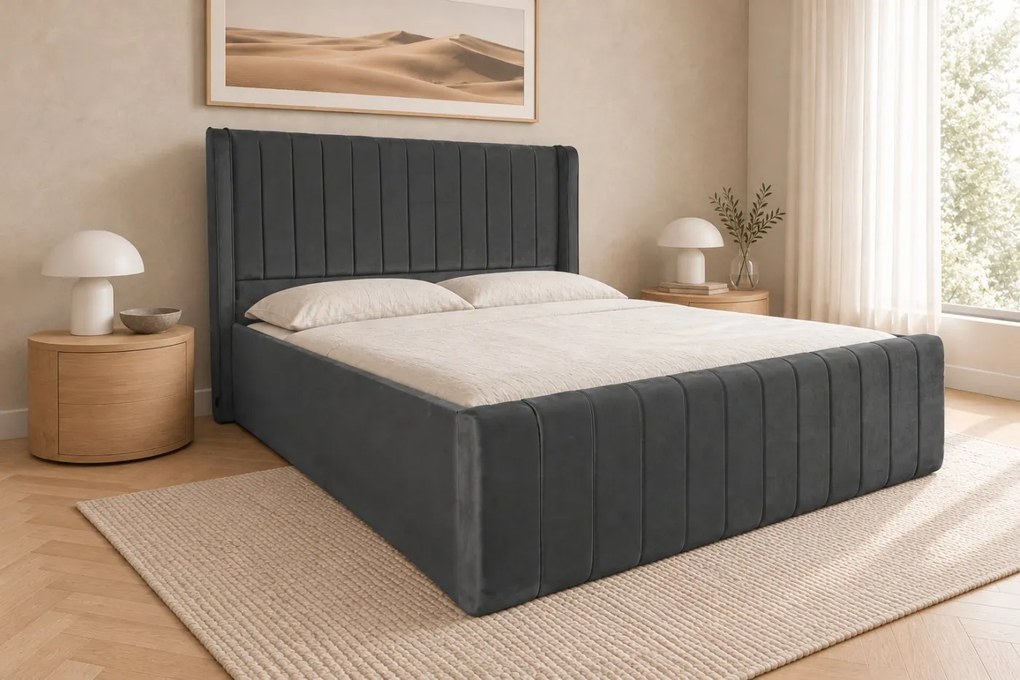 Pat tapițat din catifea Aurelia Simple 200×200 cm, gri închis, cu ladă de depozitare
