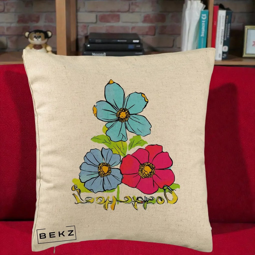 Perna Decorativa Trei Flori Grafice Pop Art, 40x40 cm, Bej, Husa Detasabila, Perna Inclusa, BEKZ®