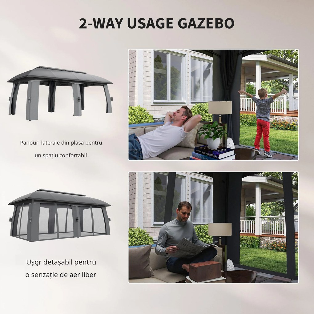 Outsunny Pavilion, Cort de petreceri, cu plase anti-insecte, plafon rezistent la vânt, pentru până la 15 persoane, gri închis, 3 x 6 x 3 m | Aosom Romania