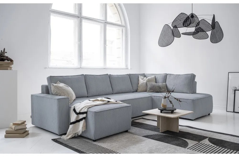 Colțar gri deschis extensibil cu tapițerie din catifea reiată (cu colț pe partea dreaptă/în formă de "U") Brave Dave – Miuform