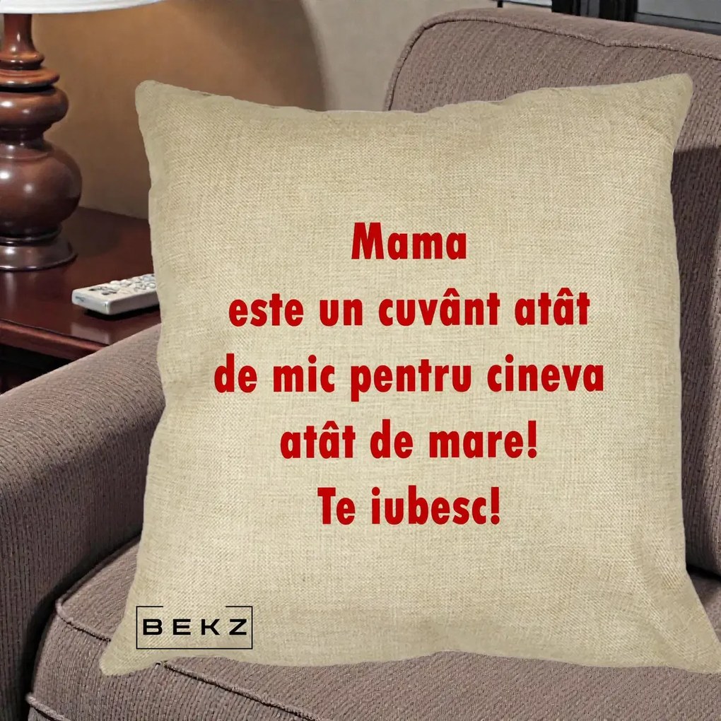 Cadou pentru Mama - Perna Personalizata Mama Cuvant Mic, 40x40 cm, Crem, Husa Detasabila, Perna Inclusa, BEKZ®