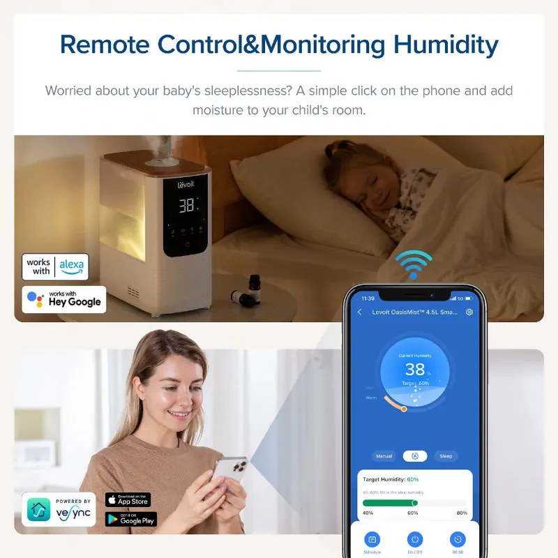 Umidificator Levoit OasisMist 450S LUH-O451S-WEU, 40 m², 280 W, 4,5 l, Aromaterapie, Autonomie de 45 de ore, Alb
