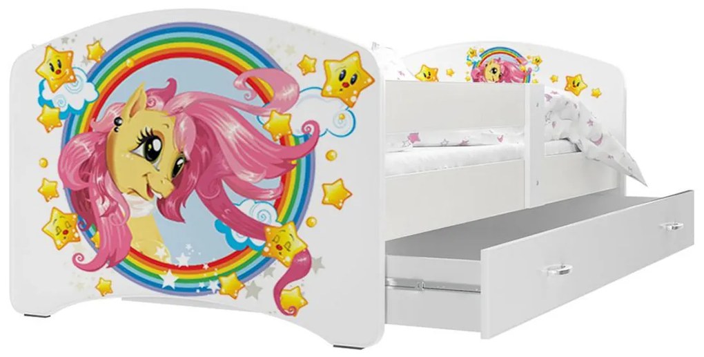 Supermobel Pat pentru copii cu imprimeu LUCKY P1 + saltea + somieră GRATIS, 140x80, alb/MODEL 08