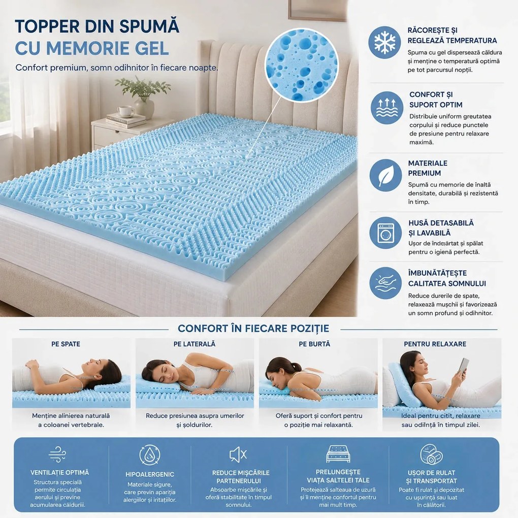 Topper ortopedic saltea spuma cu memorie si gel racoritor, 5 zone, Alb/Albastru