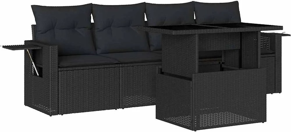 vidaXL Set mobilier de grădină cu perne, 5 piese, negru, poliratan