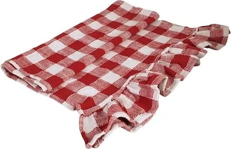 Napron de masă din bumbac organic, rosu și alb, model în carouri cu volănaș decorativ, 50x150 cm „Ida Stripe"