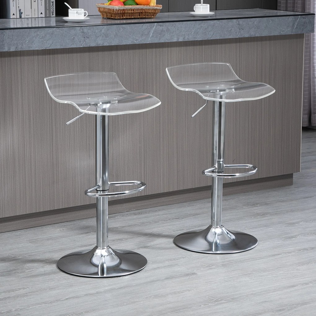 HOMCOM Scaune Bar 2 piese cu Înălțime Reglabilă, Șezut Rotativ și Suport pentru Picioare, 39x39x67-87 cm, Transparent | Aosom Romania