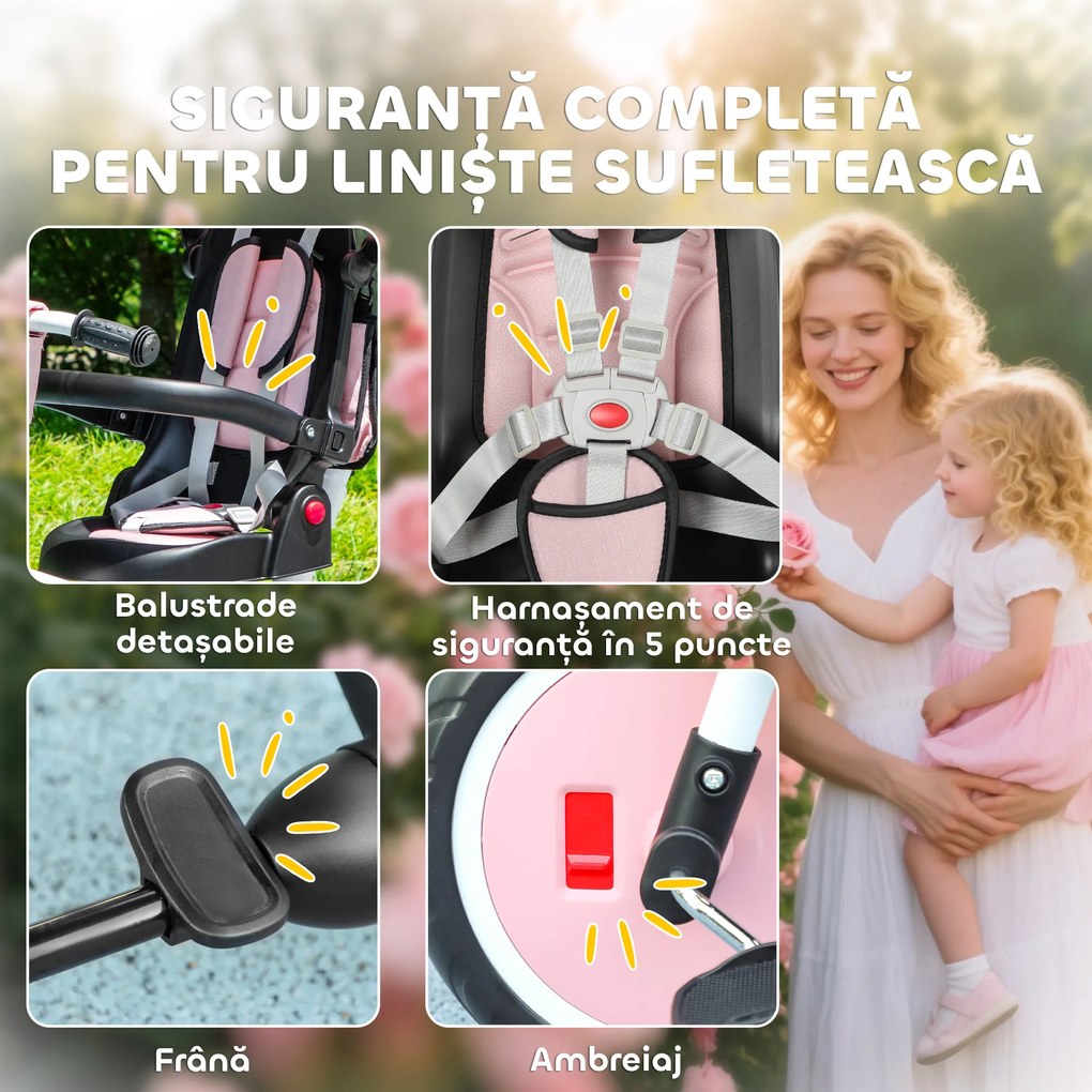 AIYAPLAY Tricicletă 6 în 1 pentru Copii, cu Mâner Parental și Scaun Rotativ, 111,5x52x98 cm, Roz | Aosom Romania